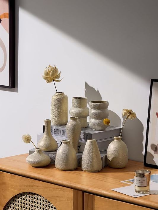 Set of 9 Ceramic Bud Vases for Pampas Grass Flowers, Small Vases in Bulk for Centerpieces Boho Vases for Wedding Decorations Neutral Living Room and Bedroom Decor DIY Gift (Gold)