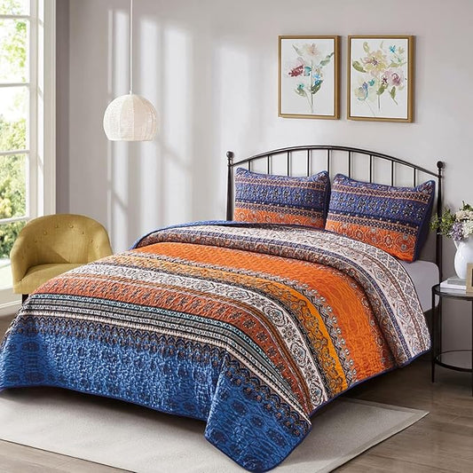 WONGS BEDDING Boho Quilt Set California King, Blue and Orange Bohemian Queen Summer Quilt Bedding Set, Lightweight Microfiber Bed Decor Bedspread for All Season 106"x96"(3 Pieces)