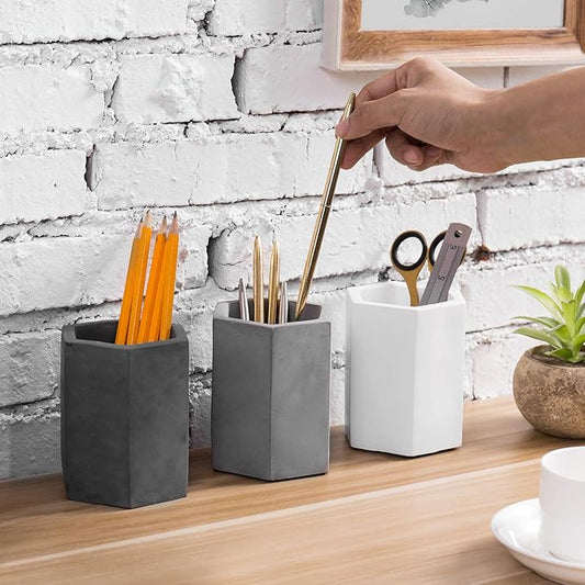 MyGift Set of 3 Cement Decorative Hexagon Multi-Colored Desktop Pen Holder and Pencil Office Supply Stationary Storage Cups (White, Gray, Black)