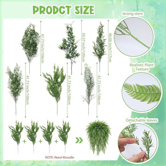 Dingion 6 Pack Artificial Hanging Plants for Forest Decorations 41.73 in Large Fake Greenery Plants Fake Persian Black Mondo Grass Eucalyptus for Home Wall Garden Indoor Outdoor Decoration
