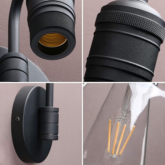 Yosoan 1-Light Brass Modern Vintage Indoor Wall Sconce, Vanity Single Luxury Hardwired Retro Textured Clear Round Globe Glass Shade with Industrial Curved Rod Bathroom Hallway Lamp(Black)