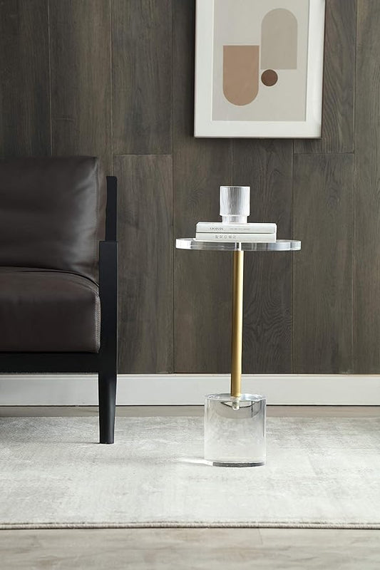 Clear Acrylic End Table,Side Table,Brushed Brass Metal,Round,for Office, Living Room and Bedroom,Easy Assembly,12x12 inch,21.3 inch high