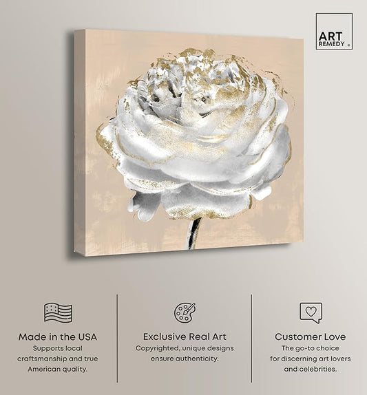 Art Remedy Beige Ranunculus Canvas Elegant White Gold Wall Art, Gallery Wrapped, 40" x 40"