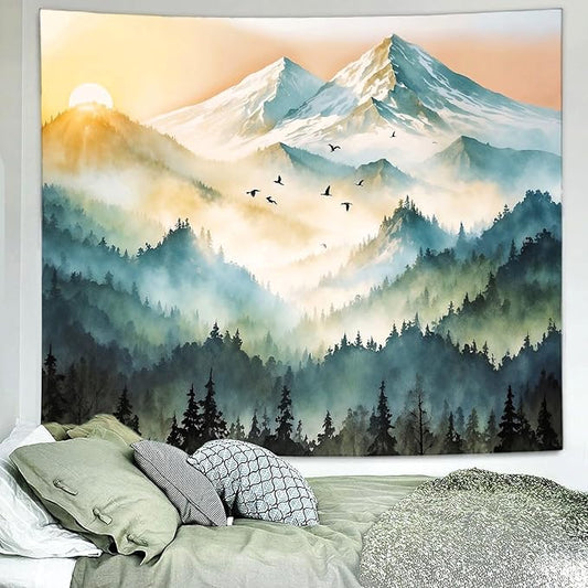 Delur Mountain Tapestry Boho Misty Sunset Forest Tree Tapestry Wall Hanging Sunrise Nature Landscape Psychedelic Headboard for Bedroom Living Room Home Decor (70.8" x 92.5")