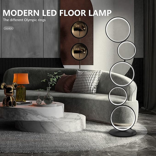 LED Modern Floor Lamp for Bedroom, 3 Way Bright Dimmable Corner Floor lamp with 5-Ring 2-in-1 Standing Tall End Table Lamp for Living Room & Office Reading Light, 3260LM, 6000K, Black.