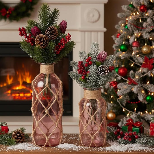 Chuangdi Set of 2 Coastal Glass Vases Christmas Vases for Flowers with Boho Rope Christmas Centerpieces for Tables Small Beach Bottle for Nautical Wedding Floral Arrangement Decorations(Pink)