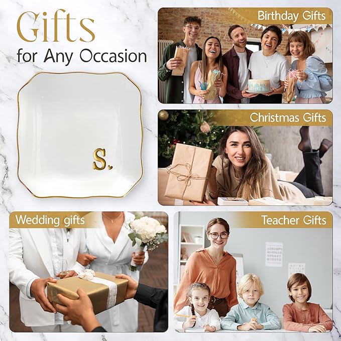 OASSIE Initial S Ceramic Jewelry Dish – 4"x4" Personalized Ring Tray, Gold Letter, Bridal & Birthday Gift for Women