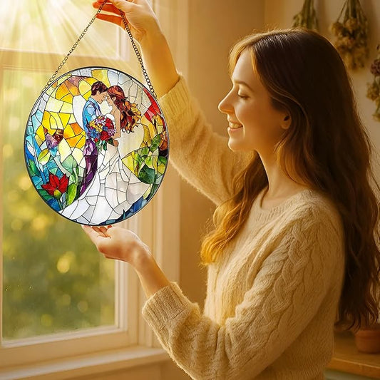 8'' Romantic Couple Wedding Sun Catcher Ornament, Stained Glass Window Hanging, Suncatchers for Windows Hanging Ornaments, Window Decor | Ideal Gift, Wedding Gift, Gifts for Couple & Newlywed
