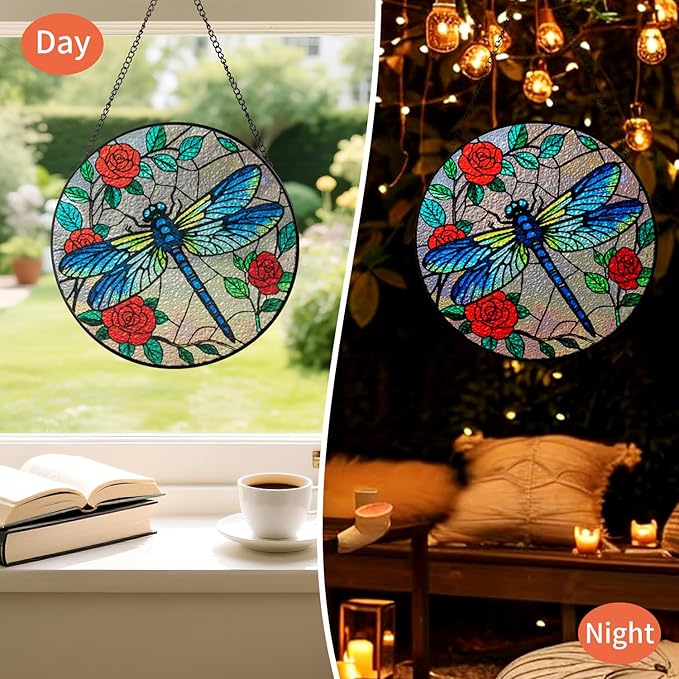Sun Catcher Stained Glass Window Hanging 8 inch Dragonflies Suncatcher Wall Art Home Decor Sun Catchers Decoration for Garden Home Housewarming Gifts