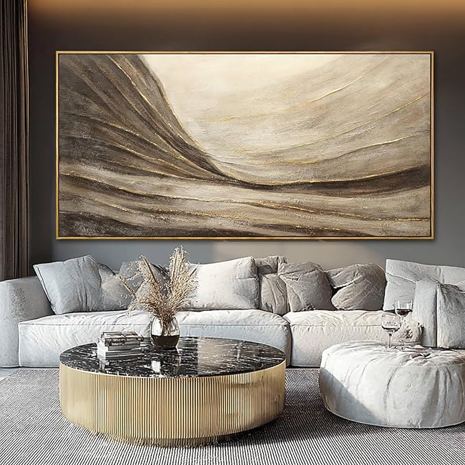 Textured Abstract Wall Decor with Frame Grey and Brown Canvas Art Gold Accents Modern Large Artwork for Bedroom Living Room 29x58 Inch