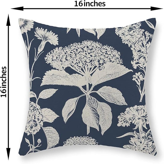 Blue Pillow Covers 16x16 Set of 2 Boho White Floral Throw Pillows Hydrangea Herbs Botanical Decoration Pillowcase Linen Farmhouse Vintage Flower Cushion Case Outdoor Decorative for Couch Sofa