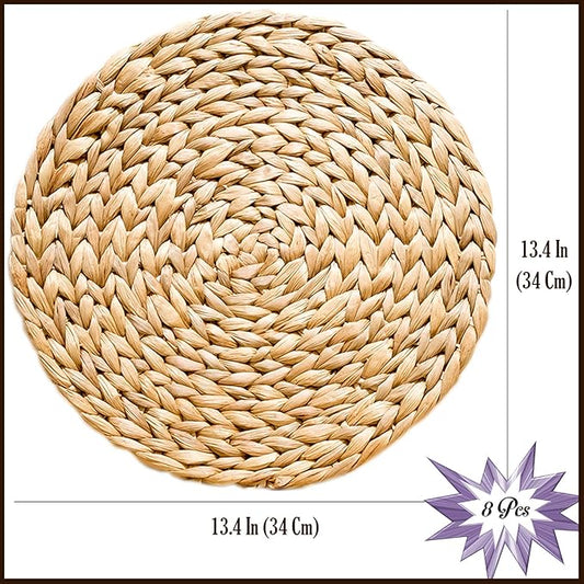 Woven Placemats Set of 8, Table Mats Set of 8, Water Hyacinth Round Placemats for Round Table, Chargers for Dinner Plates, Wicker Chargers for Dinner Plates, Woven Placemat, Place Mats 13.4 in