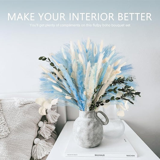 N&T NETING 101Pcs Blue Pampas Grass Decor Natural Dried Floral Pampas Grass Light Blue Boho Pampas Home Decor Fluffy Dried Pampas Flowers for Home Wedding Boho Beach Theme Table Decor