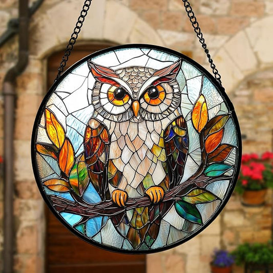 DASTOLL Stained Glass Window Hanging, Owl Colorful Leaves Birds Sun Catchers Diamond Glass Panel Hangings Suncatcher Decor for Birthday for Women, Men, Wife, Aunt, and Mom 11.8x11.8 in