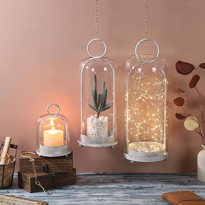16" High Versatile Modern Metal Hurricane Lantern with Handmade Sturdy Glass Dome in Vintage White for Pillar Candle & Plants, Industrial, Farmhouse, Shabby Chic
