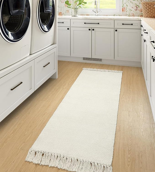 Collive Hallway Runner Rug, 2' x 5' Soft Washable Kitchen Runner Rug, White/Beige Contemporary Modern Laundry Room Rugs Indoor Hand-Woven Cotton Carpet for Bedroom Entryway Front Door Farmhouse