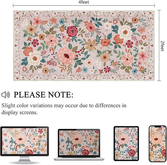 DUKINO 2x4 Rug for Entryway, Washable Kitchen Floral Runner Rug with Non Slip Backing, Low Pile Soft Boho Carpet for Kitchen, Hallway, Entryway, Laundry, Bedroom, Beige