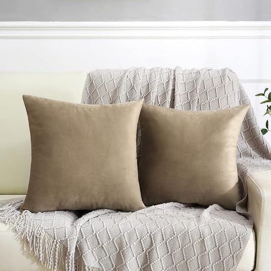 Jeneoo Light Brown Decorative Throw Pillow Covers Velvet Super Soft Thick Solid Square Euro Cushion Cases Pillowcase for Sofa Living Room Decor, Set of 2, 18 x 18 Inches