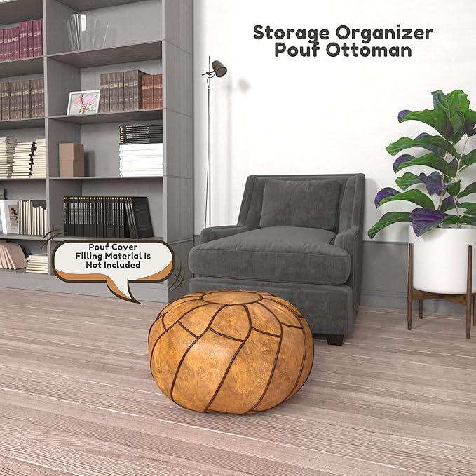 Moderner Faux Leather Pouf Unstuffed Ottoman Moroccan Footstool, Floor Footrest Cushion, Storage Solution - Natural Brown Color (Camel, Round)