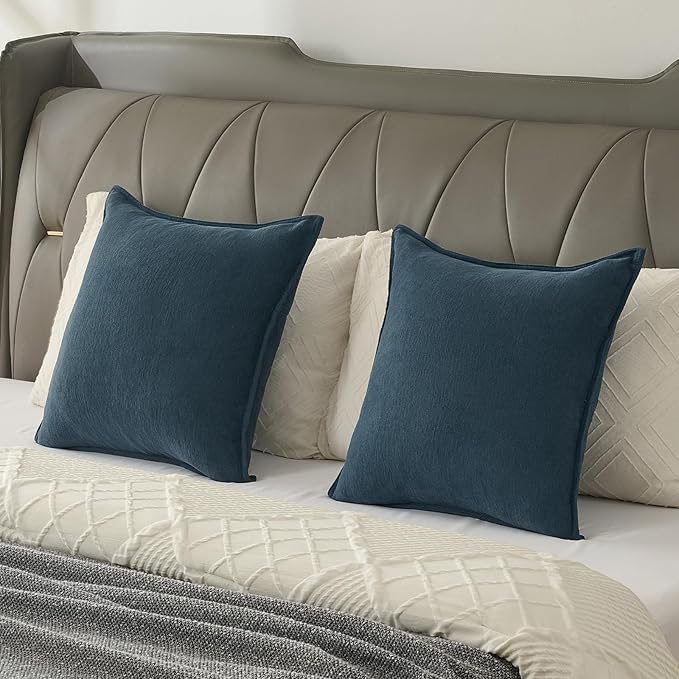 FUTEI Navy Blue Chenille Throw Pillow Covers 26x26 Inch Set of 2,Edges Double-Stitched Euro Pillow Shams,Modern Home Decor for Couch Living Room