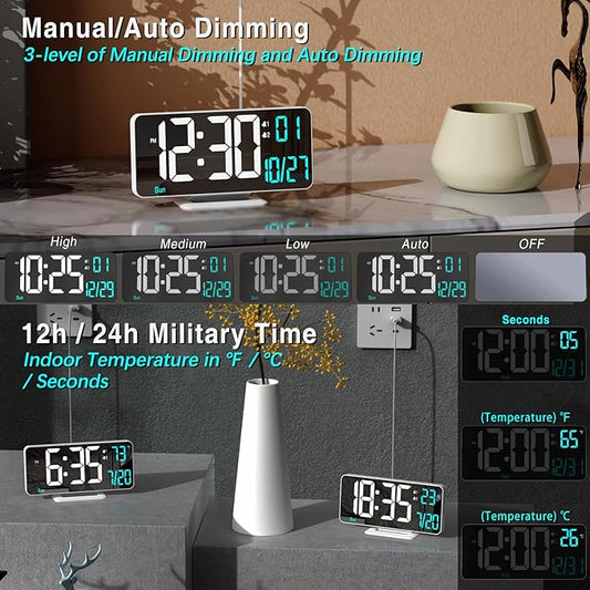 KOSUMOSU Digital LED Clocks for Bedrooms 6.7in White Alarm Clock, Dimming, 12/24h, Date, Day of Week,Temp,Desk Clock, LED Clock for Bedside, Digital Calendar Clocks for Living Room Essentials
