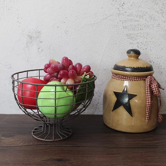 CVHOMEDECO. Metal Wire Round Egg Basket with Pedestal Counter Top Fruit Bowl Storage for Kitchen Home. Rusty