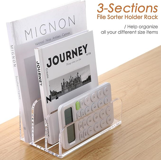 SANRUI 3 Compartments Mail Organizer Letter Holder for Desk ,Vertical Letter Holder,File Sorter Acrylic Desk Organizer Office Supplies,Clear