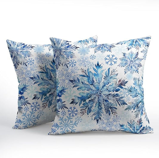 Christmas Pillow Covers 18x18 Set of 2 Decorations Blue White Snowflakes Throw Pillow Covers Decorative Vintage Winter Pillow Case Farmhouse Rustic Pillowcases Cozy Soft for Sofa Bed Chair Home Decor