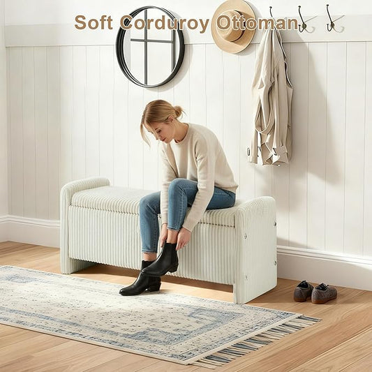44" Storage Ottoman Bench, Upholstered End of Bed Storage Benches, Rectangle Ottoman with Storage for Bedroom, Entryway, Corduroy Beige