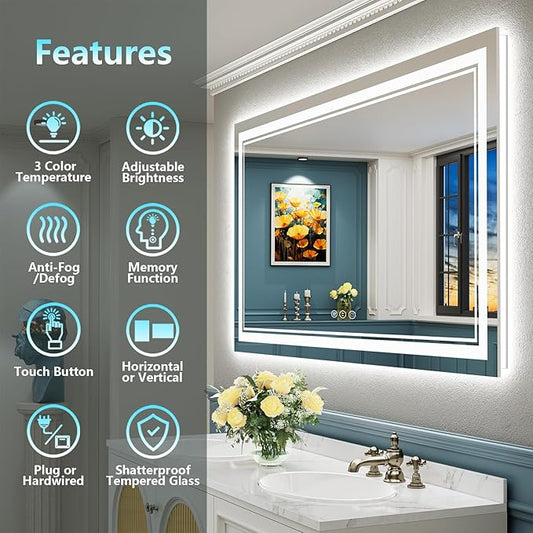 55x30 LED Bathroom Mirror with Lights, Backlit + Front Lit, Anti-Fog Lighted Vanity Mirror for Bathroom Wall with 3 Colors, Stepless Dimmable, Memory, Shatter-Proof, Tempered Glass, ETL Listed