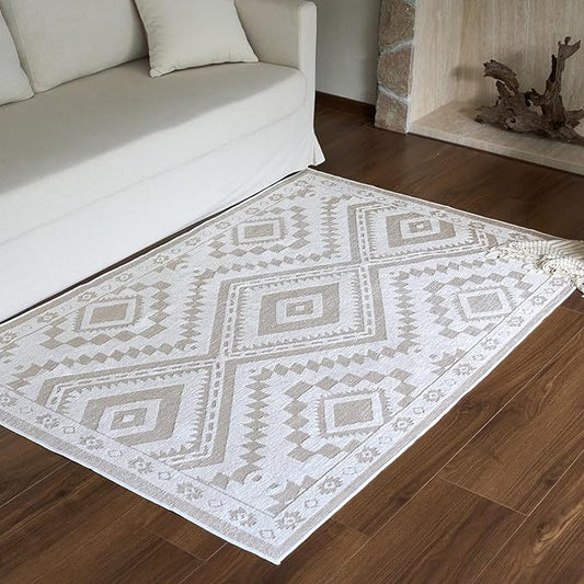 Moroccan Washable Area Rug 4x6, Geometric Decorative Woven Rug Low Pile, Non-Slip Boho Accent Farmhouse Soft Area Rug for Living Room Bedroom Laundry Nursery Kitchen, Cream/White