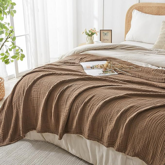 EMME Cotton Muslin King Blanket Bed Layering Breathable Gauze Blanket Soft Lightweight Blankets Adults (Brown, 108"x90")