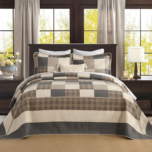 Oversized King Bedspread Quilt 128" x 120" Extra Wide, 100% Cotton Lightweight Quilted Bed Spreads Coverlet Set Farmhouse Bedding Cover, 3 Piece, Charcoal/Beige/Browm