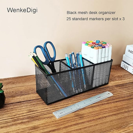 Metal Mesh Pencil Holder, Spacious 3-Compartment Desk Organizer for Pens, Makeup Brushes, Utensils, Multipurpose Office, School ,Kitchen, Home Desktop Storage, 10.43 x 3.35 x 4.04 Inches, Black