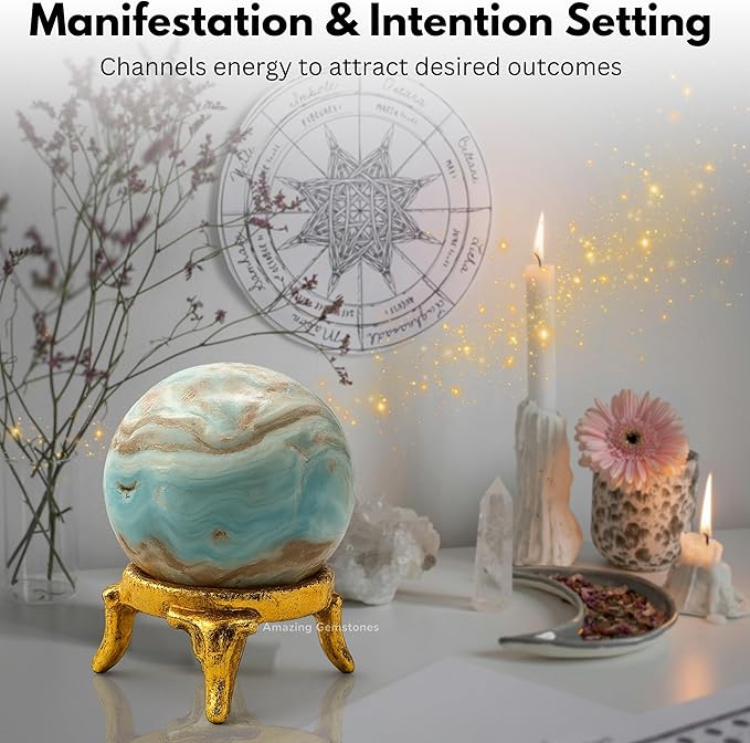 Amazing Gemstone Caribbean Calcite Crystal Ball with Stand - 1.5" Inches Crystal Sphere Meditation Balls for Witchcraft and Decorative Balls