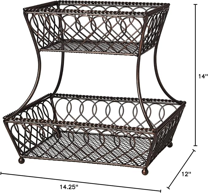 Gourmet Basics by Mikasa 2-Tier Loop and Lattice Countertop Fruit Basket, Round Metal Storage for Kitchen or Dining Table, 14 Inch, Antique Black