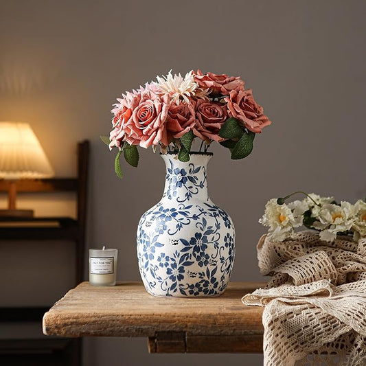 Blue and White Flower Vase Vintage Chinoiserie Floral Ceramic Vase Handcrafted Round Flower Vase for Home Decor Centerpieces Living Room, Bookshelf, Office Rustic Table Centerpiece 9 in