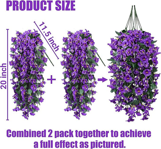 Sggvecsy Artificial Fake Hanging Flowers Plants for Outdoor Outside Spring Summer Decoration 4PCS Faux Silk UV Resistant Realistic Morning Glory Trailing Vines for Home Porch Patio Balcony(Purple)
