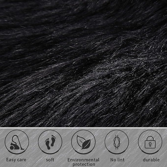 Softlife Black Faux Fur Sheepskin Chair Cover Seats Cushion Pad Super Soft Area Rugs for Living Bedroom Sofa Dorm (1.6ft x 1.6ft)