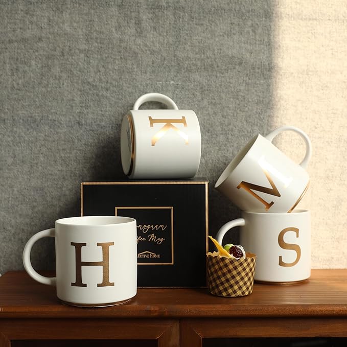 COLLECTIVE HOME - Monogram Ceramic Mugs, 15 oz Golden Initial Coffee Cups, Elegant Alphabet Tea Mugs, Elegant Personalized Mug with Gift Box, Unique Mug with Double Side Capital Letter (H)