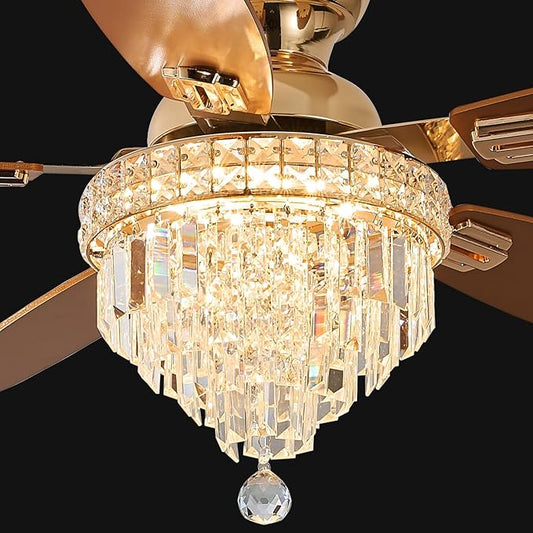 Crystal Ceiling Fan Fandelier with Lights-Ceiling Fans with Lights,50" Low Profile and Remote Control, Flush Mount, Reversible, Dimmable, Noiseless,Ceiling Fan for Bedroom(Gold)