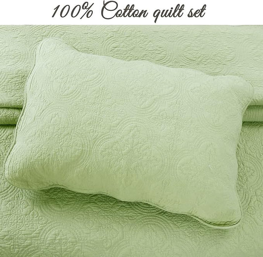 Cozy Line Home Fashions 100% Cotton Medallion Matelasse Embossed Bedding Quilt Set, Reversible Lightweight Bedspread, Coverlet for All Season (Blantyre - Green, Queen - 3 Piece)