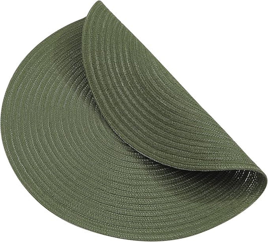 SHACOS Round Placemats Set of 6 Washable 15 inch Round Table Mats Cotton Polyester Woven Braided Place Mats for Dining Table (Olive Green, 6)
