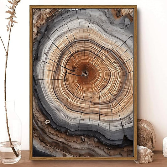 IBHJSART Framed Tree Ring Canvas Wall Art Vintage Colorful Wood Stump Painting Prints Modern Minimalist Pictures Neutral Nature Rustic Farmhouse Decor Living Room Bedroom Bathroom Office