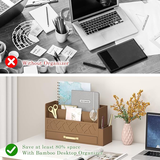 Bamboo Desktop Organizer with Drawer,Bill & Mail Organizer for Office Desk, Wall Mounted and Countertop Mail Sorter,Workspace Storage Accessories Organizer for File Letter (Brown)