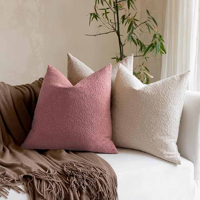 Boucle Decorative Throw Pillow Covers for Couch Set of 2, 24x24 inches, Pink