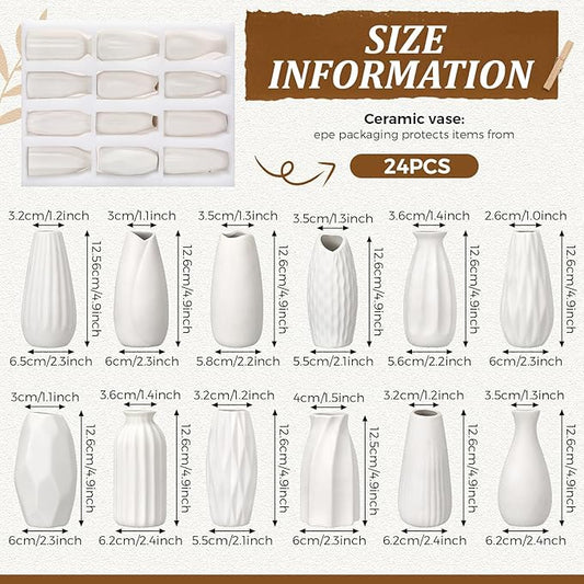 Yaomiao Set of 24 5'' White Ceramic Bud Vase Bulk Boho Rustic Small Flower Vase for Centerpieces for Wedding Home Dining Table Decoration DIY Gift, 12 Styles