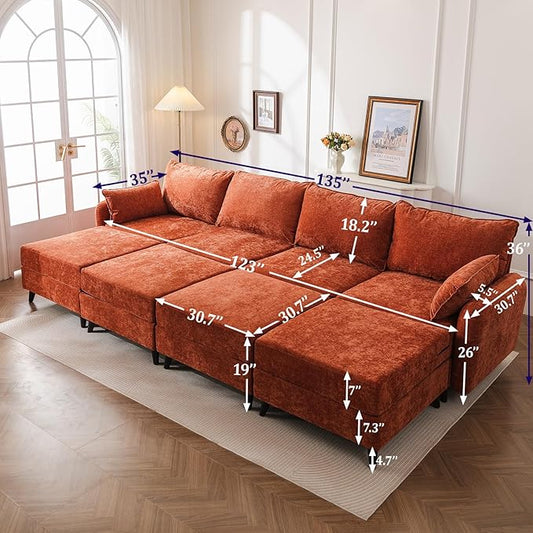 135'' Modular Sectional Sofa with Seats Storage, Oversized Sleeper Sofa Bed,Comfy Couches for Living Room,Cloud Couches with Deep Seat,Movable Ottoman,2 Throw Pillow,Chenille,Orange