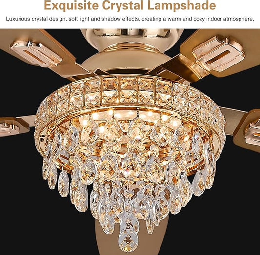 Crystal Ceiling Fan Fandelier with Lights-Ceiling Fans with Lights,50" Low Profile and Remote Control, Flush Mount, Reversible, Dimmable, Noiseless,Gold Ceiling Fan for Bedroom