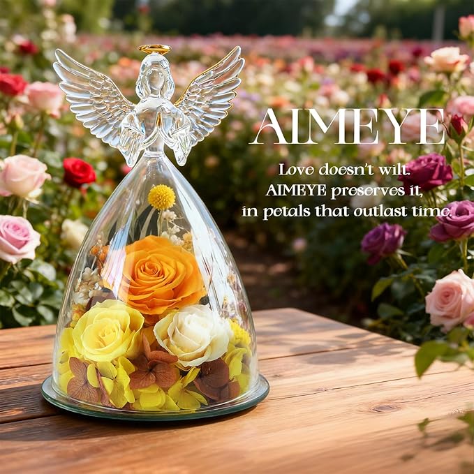 Valentines Day Roses Gifts for Women,Preserved Real Flowers Roses in Glass Angel Figurines,Valentines Day Gifts for Women Mom Wife Girlfriend./Yellow
